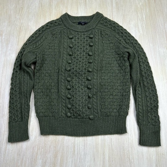 J Crew Olive Green Cozy Fitted Popcorn Wool Cable Knit Pullover Sweater XS - Picture 1 of 15